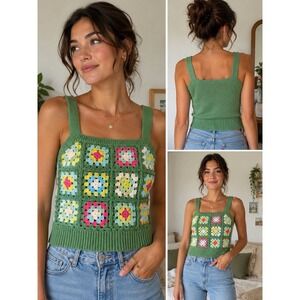 DESIGN365 Crochet Granny Square Knit Tank Top Green Floral Cottagecore boho S